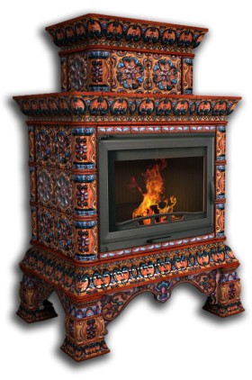 Печь-камин КОСТРОМА пристенный двухъярусный (цвет изразцов роспись Сентябрь) КИМРпечь                          